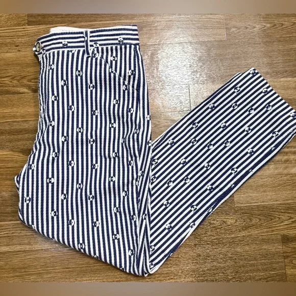 Anthropologie essential slim navy white stripe preppy cotton lightweight pants 8 - Picture 12 of 15